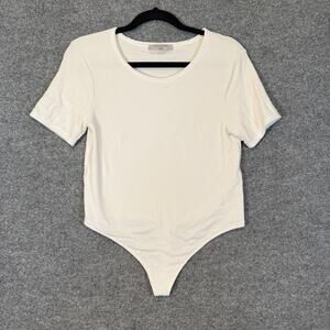 All Saints Shirt Womens Large‎ White Knit Bodysuit Short Sleeve Stretch Crewneck